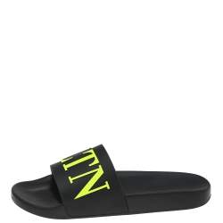 Pre Owned Valentino Black/Green Rubber VLTN Pool Flat Slides Size 43
