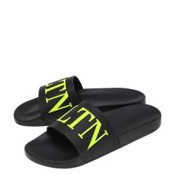 Pre Owned Valentino Black/Green Rubber VLTN Pool Flat Slides Size 43