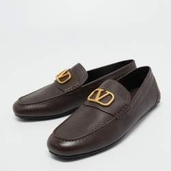 Pre Owned Valentino Dark Brown Leather VLogo Signature Loafers Size 44