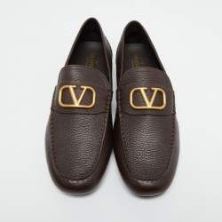 Pre Owned Valentino Dark Brown Leather VLogo Signature Loafers Size 44