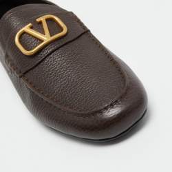 Pre Owned Valentino Dark Brown Leather VLogo Signature Loafers Size 44