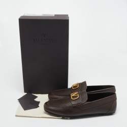 Pre Owned Valentino Dark Brown Leather VLogo Signature Loafers Size 44