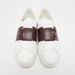 Pre Owned Valentino White/Burgundy Leather Rockstud Low Top Sneakers Size 42