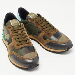 Pre Owned Valentino Green Suede and Leather Rockrunner Low-Top Sneakers Size 42