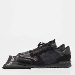 Pre Owned Valentino Black Camouflage Print Canvas and Leather Rockrunner Sneakers Size 44