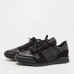 Pre Owned Valentino Black Camouflage Print Canvas and Leather Rockrunner Sneakers Size 44