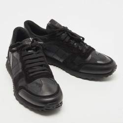 Pre Owned Valentino Black Camouflage Print Canvas and Leather Rockrunner Sneakers Size 44
