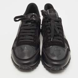 Pre Owned Valentino Black Camouflage Print Canvas and Leather Rockrunner Sneakers Size 44