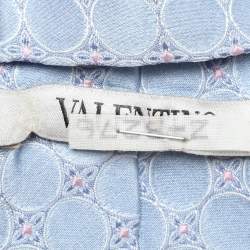 Valentino Light Blue Circle Embroidered Pattern Silk Tie