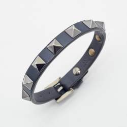 Pre Owned Valentino Navy Blue Leather Rockstud Gunmetal Tone Bracelet