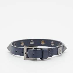 Pre Owned Valentino Navy Blue Leather Rockstud Gunmetal Tone Bracelet