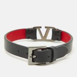 Pre Owned Valentino Black Leather VLogo Signature Bracelet