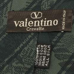 Pre Owned Valentino Vintage Green Printed Silk Traditional Tie