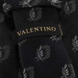 Pre Owned Valentino Black Floral Silk Jacquard Traditional Tie 