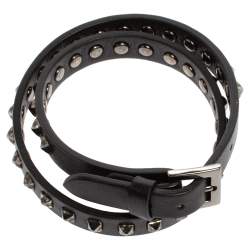 Pre Owned Valentino Rockstud Black Leather Gunmetal Tone Wrap Bracelet