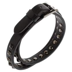 Pre Owned Valentino Rockstud Black Leather Gunmetal Tone Wrap Bracelet