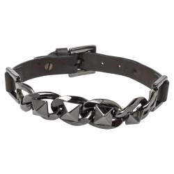 Valentino Gunmetal Tone Chain Rockstud Leather Wrap Bracelet