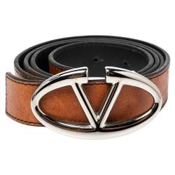 Valentino Tan/Black Leather V Logo Reversible Buckle Belt 105CM