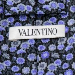 Pre Owned Valentino Purple & Black Floral Print Silk Tie