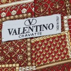 Pre Owned ربطة عنق فالنتينو حرير باتشوورك أحمر مطبوع