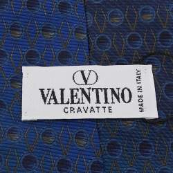Pre Owned Valentino Peacock Blue Geometric Motif Silk Tie