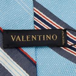 Pre Owned Valentino Blue Striped Cotton Silk Tie