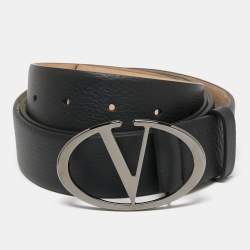Pre Owned Valentino Black Leather V Logo Buckle Belt 110 CM