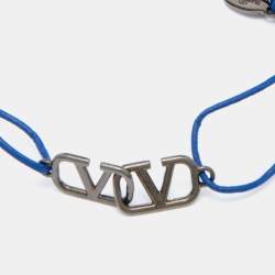 Pre Owned Valentino Garavani Blue Leather Cord VLogo Bracelet