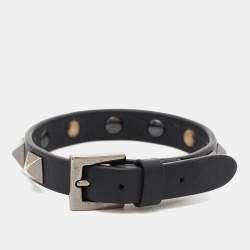 Pre Owned Valentino Black Leather Gunmetal Tone Rockstud Bracelet