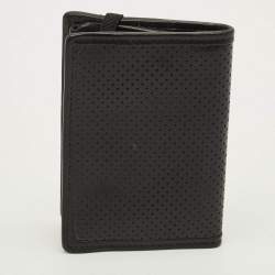 Pre Owned Valentino Logo Elastic Strap Black Perforated Leather Bifold Wallet