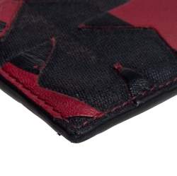 Valentino Burgundy/Black Canvas and Leather Star Patch Card Holder