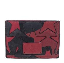 Valentino Burgundy/Black Canvas and Leather Star Patch Card Holder