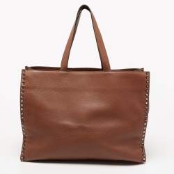 Valentino Brown Leather Large Rockstud Tote