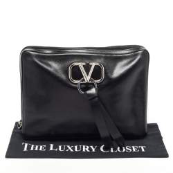 Valentino Black Leather VRing Zip Pouch