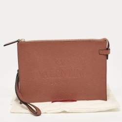 Valentino Brown Leather Logo Embossed Wristlet Clutch