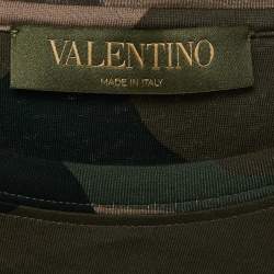 Valentino Green Camouflage Print Cotton Shoulder Stripe Detail T-Shirt S
