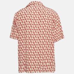 Valentino Beige/Red Monogram Silk Short Sleeve Shirt L
