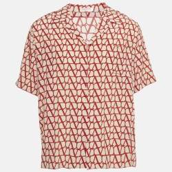 Valentino Beige/Red Monogram Silk Short Sleeve Shirt L