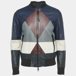 Valentino Navy Blue Patch Work Leather Zip-Up Jacket M
