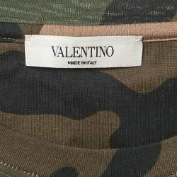 Pre Owned Valentino Dark Green Camouflage Print Cotton Applique Detail T-Shirt XL