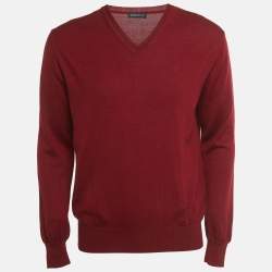 Pre Owned Valentino Burgundy Logo Embroidered Wool Blend V-Neck Jumper L