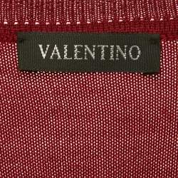 Pre Owned Valentino Burgundy Logo Embroidered Wool Blend V-Neck Jumper L