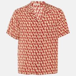 Pre Owned Valentino Beige /Red All Over V -Logo Print Silk Shirt XS 
