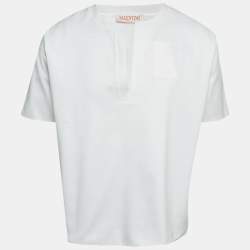 Pre Owned تي شيرت فالنتينو جيرسيه أبيض بياقة مشقوقة مقاس صغير - سمول