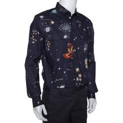Pre Owned Valentino Navy Blue Cosmo Print Cotton Pocket Detail Shirt XL