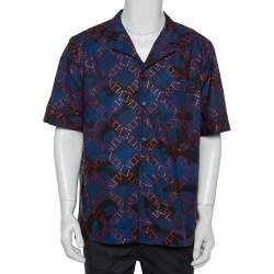 مملوكة مسبقًا Valentino Navy Blue Logo Camouflage Printed Bowling Shirt XXL