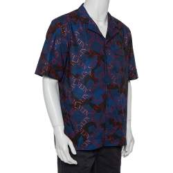 مملوكة مسبقًا Valentino Navy Blue Logo Camouflage Printed Bowling Shirt XXL