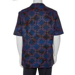 مملوكة مسبقًا Valentino Navy Blue Logo Camouflage Printed Bowling Shirt XXL