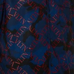 مملوكة مسبقًا Valentino Navy Blue Logo Camouflage Printed Bowling Shirt XXL