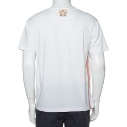 Pre Owned Valentino White Cotton Contrast Trim & Embroidery Patch Detail Crewneck T-Shirt M